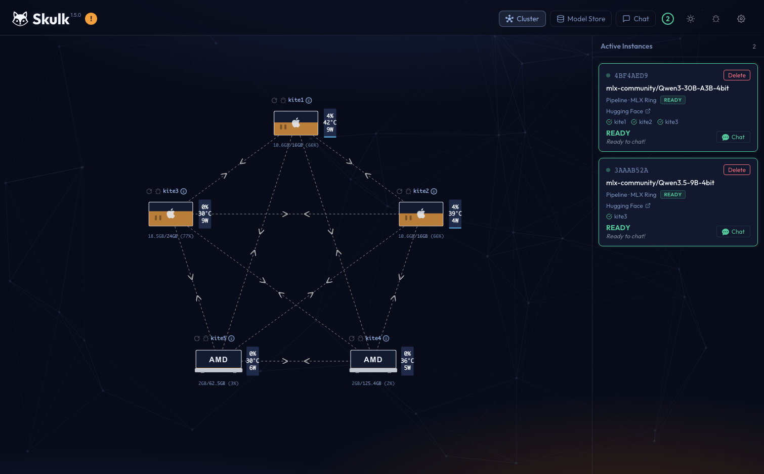 Skulk dashboard topology showing connected nodes and ready model placements