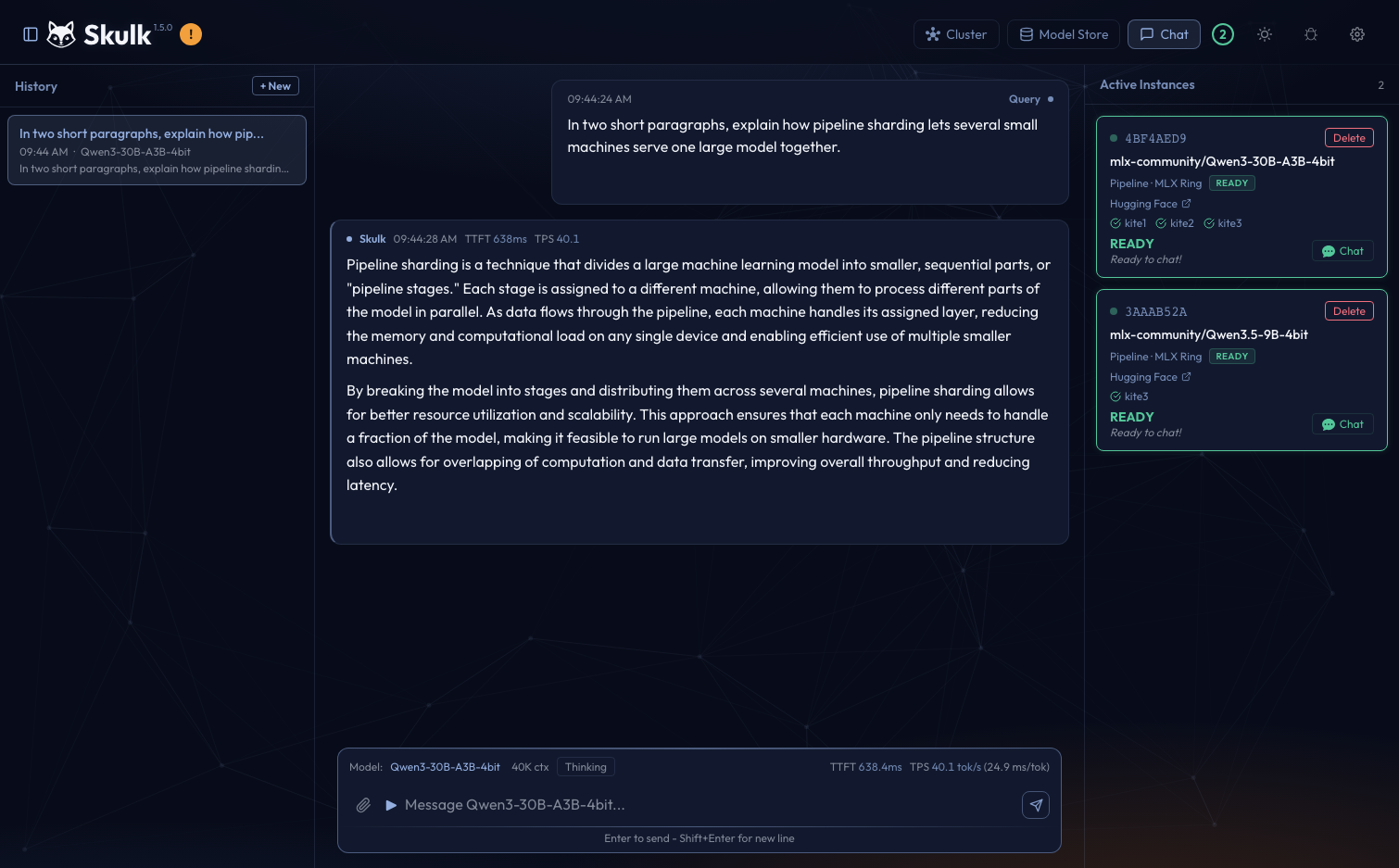 Skulk dashboard chat showing a response from a ready model