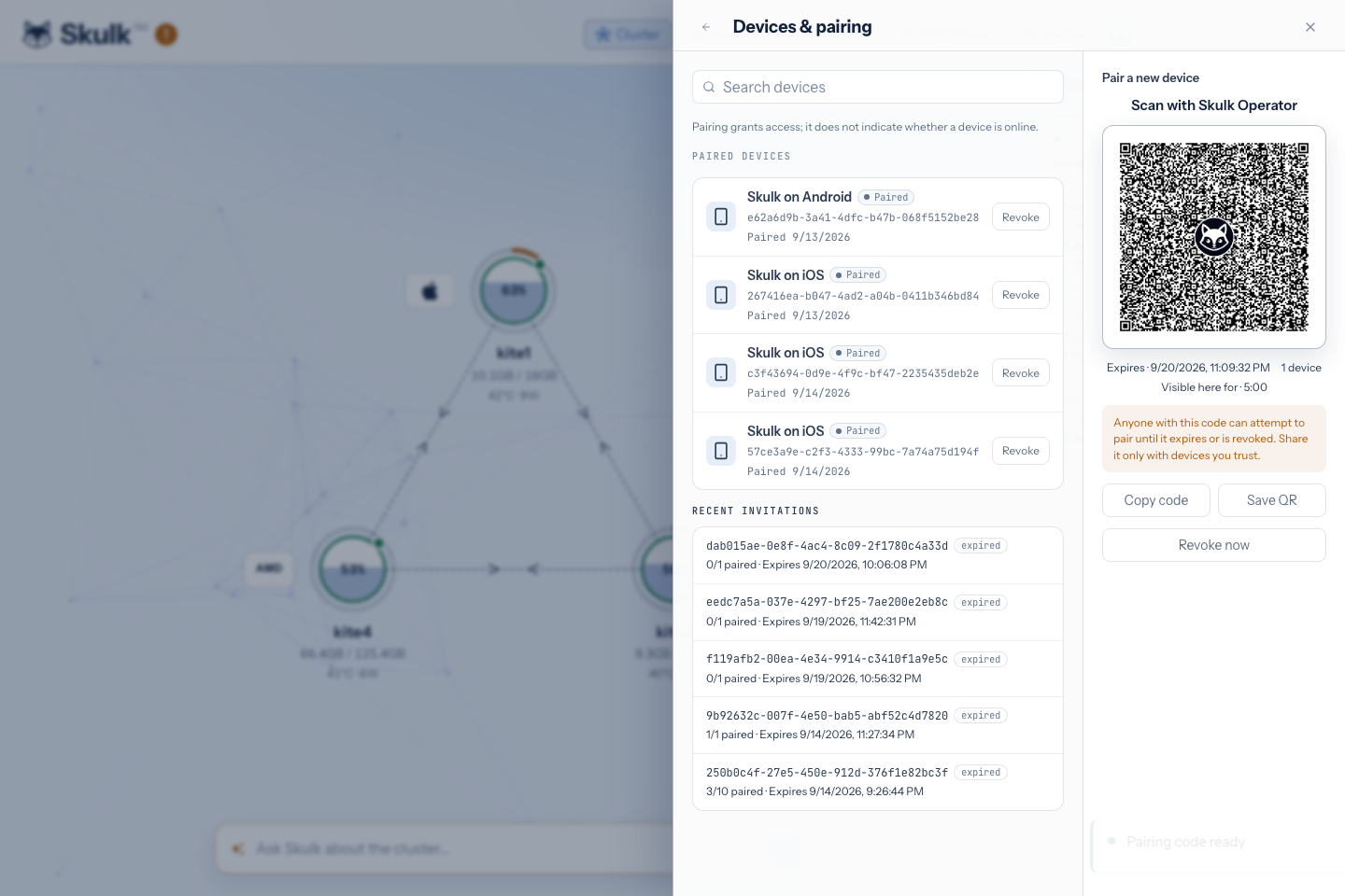 Dashboard-generated pairing QR code, revoked after capture