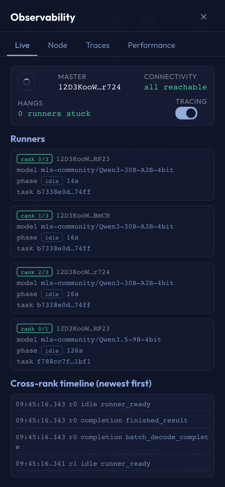 Observability sheet showing live runner phases