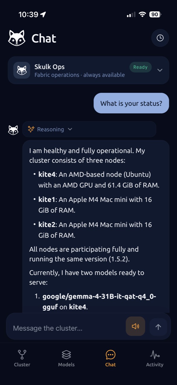 A live Skulk conversation in the native app with the spoken-response control