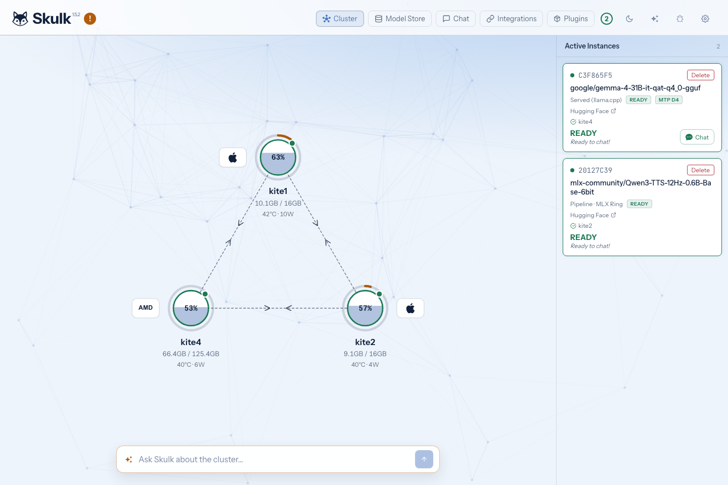 Skulk dashboard showing a running three-node cluster