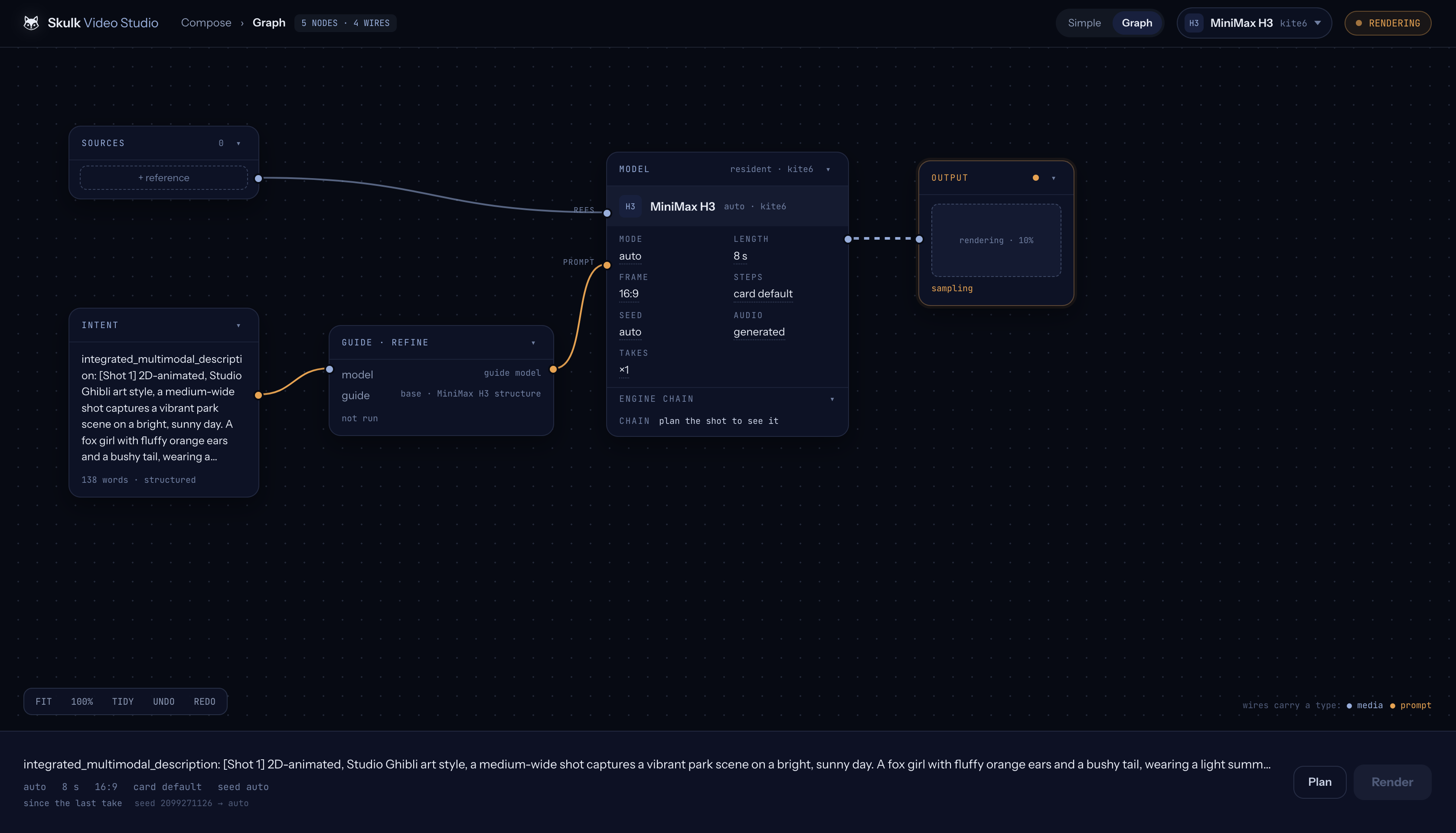 Video Studio graph showing a MiniMax H3 render in progress