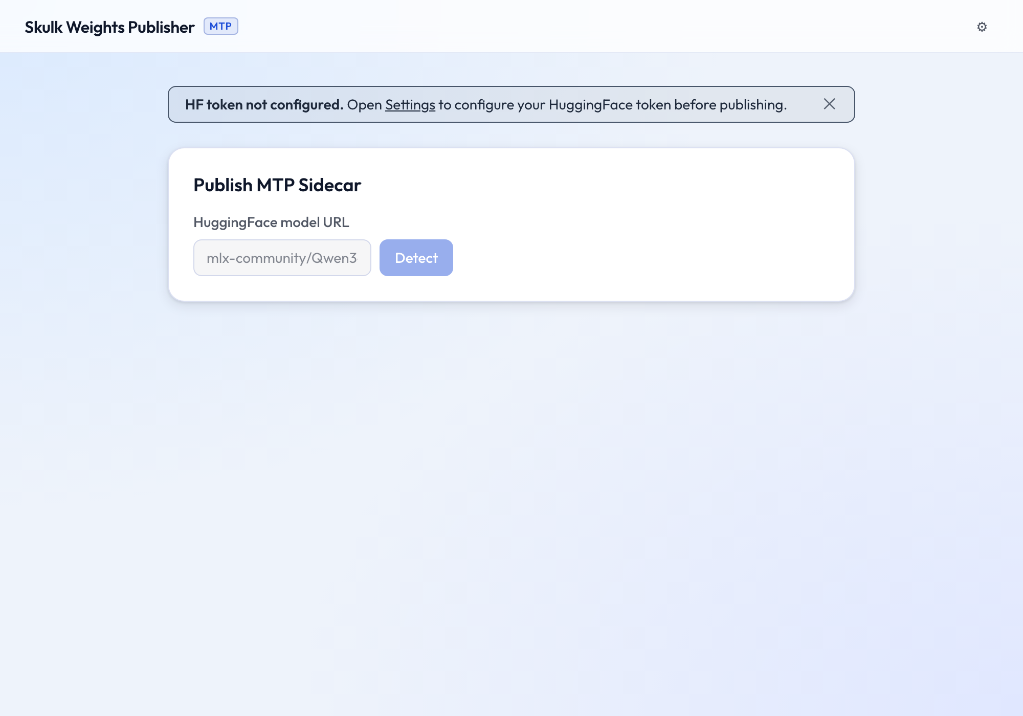 skulk-ui first run with the HF-token banner