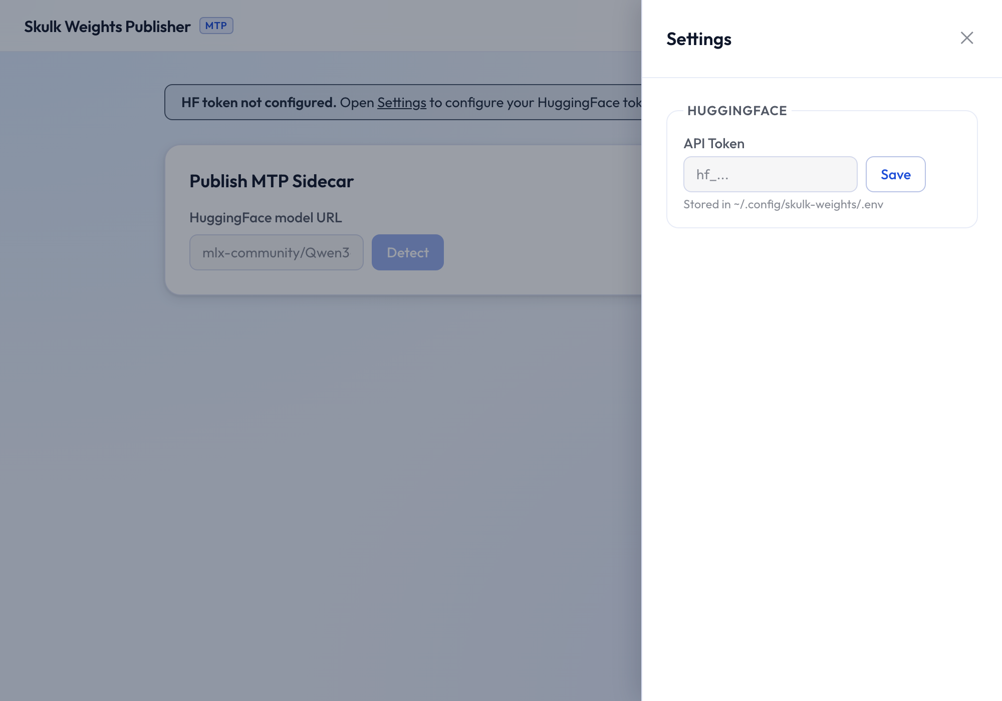 Settings panel with the HuggingFace API token field
