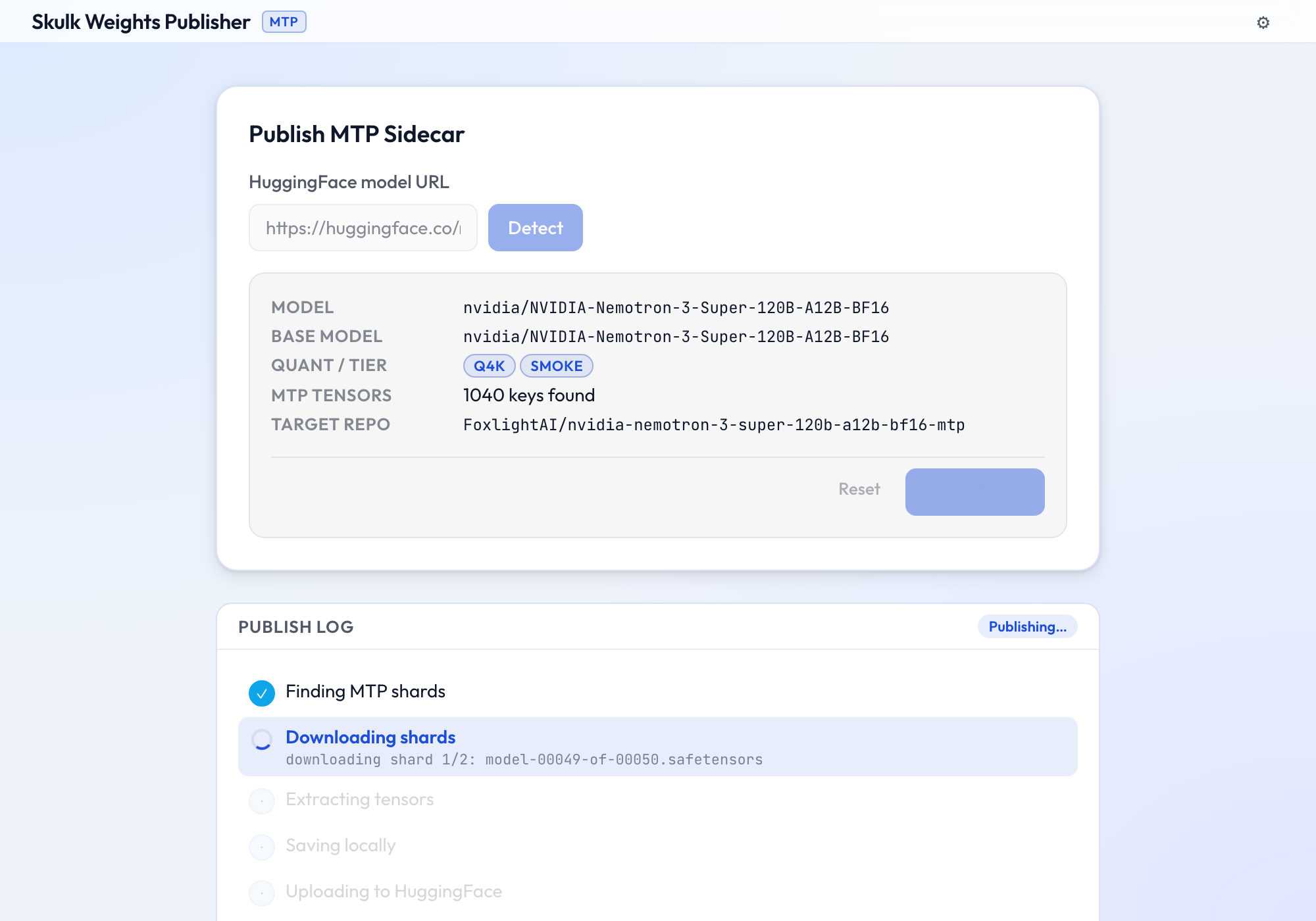 Publish log with the downloading stage active and shard progress