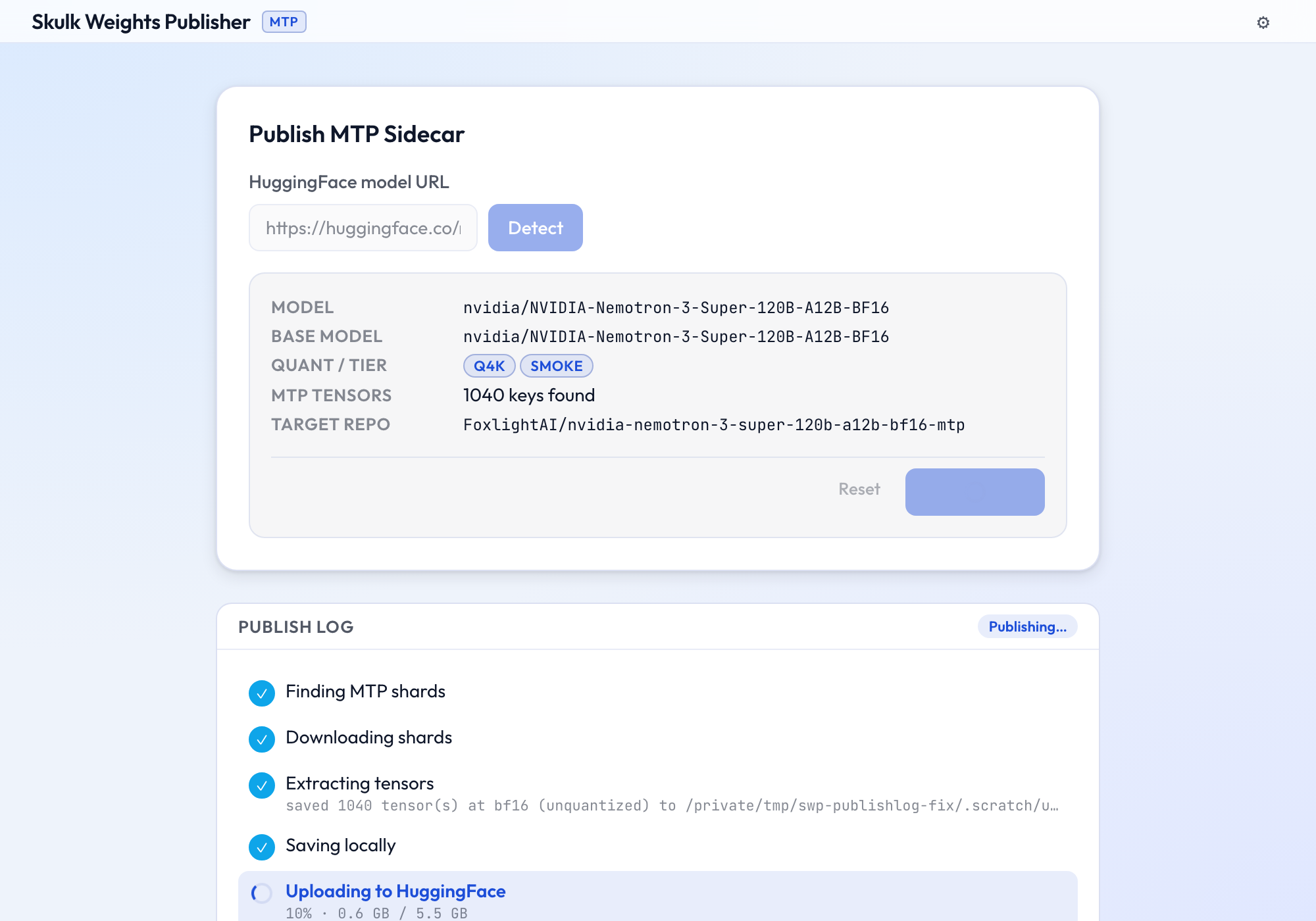Publish log uploading the sidecar with live percentage and GB progress